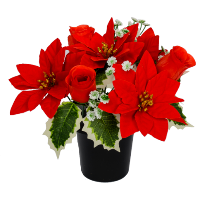 Poinsettia Rosebud and Holly Cemetery Pot